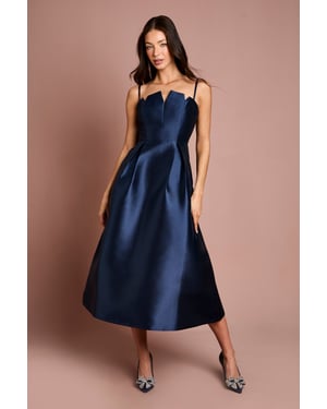 Notch Neck Detail Twill Midi Dress