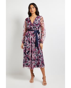 Floral Mesh Satin Tie Midi Dress