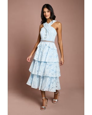 Petite Tiered Lace Cross Halter Neck Button Detail Midi Dress