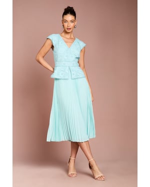 V Neck Lace Bodice Peplum Midi Dress