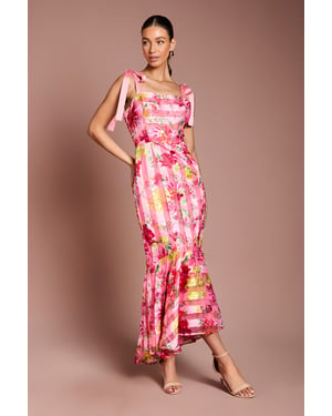 Printed Organza Burnout Bow Shoulder Midi Dress