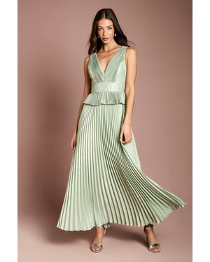Sleeveless Metallic Pleated Maxi Dress With Peplum