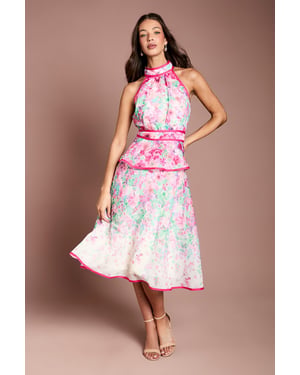 Placement Print Organza Halter Neck Midi Dress