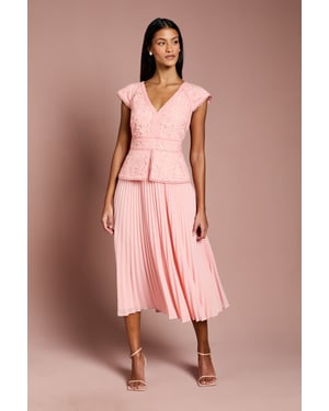 Petite V Neck Lace Bodice Peplum Midi Dress