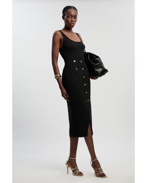 Textured Compact Stretch Button Detail Midi Skirt