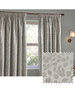 Wylder Grace Leaf Jacquard Fully Lined Pencil Pleat Curtain Pair, Mist Grey