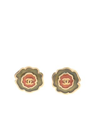 Pre-owned Enamel Camellia Cc Stud Push Back Earrings