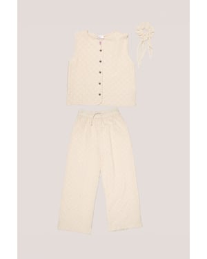 Textured Top, Wide Leg Trouser and Scrunchie Outfit Set