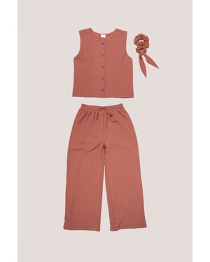 Textured Top, Wide Leg Trouser and Scrunchie Outfit Set
