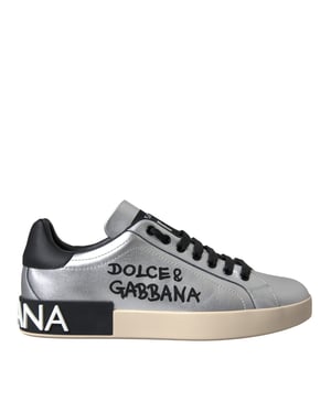 Dolce & Gabbana Silver Portofino Calf Leather Sneakers Men Shoes