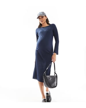 Mamalicious Maternity long sleeved plisse midi dress in navy