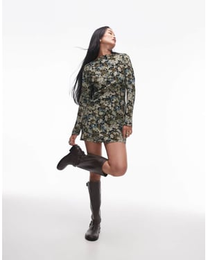 Topshop long sleeve slash neck mini dress in green blue floral