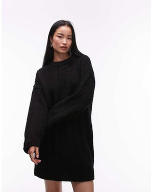 Topshop knitted fluffy rib oversized crew mini dress in black
