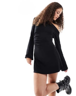 COLLUSION tie detail off shoulder asymmetric long sleeve mini dress