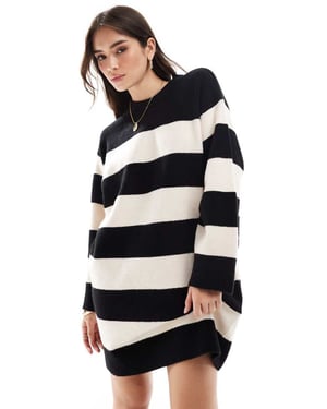 ASOS DESIGN crew neck mini dress with wide cuff in mono stripe