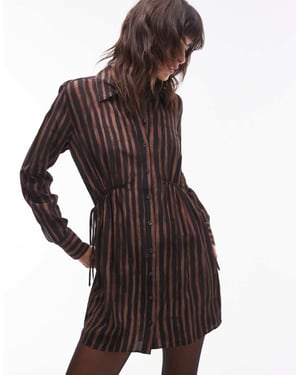 Topshop ruched side shirt mini dress in brown stripe print