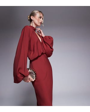 ASOS DESIGN Tall high neck plunge maxi dress with blouson sleeves in brown