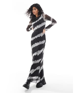 Vero Moda long sleeved mesh maxi dress in blurred mono print