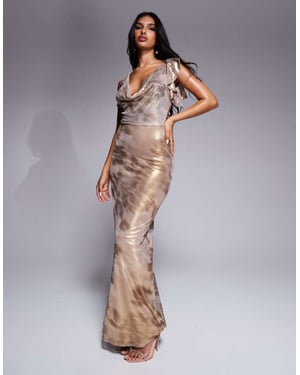ASOS DESIGN shimmer plunge cowl neck maxi dress with tie detail in neutral floral print