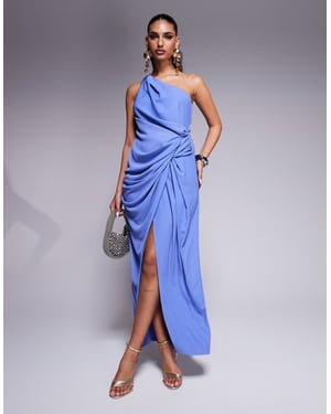 ASOS DESIGN one shoulder draped crepe midaxi dress with split in cornflower blue