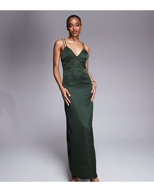 ASOS DESIGN Tall satin midi dress with chiffon bust detail and cross back in forest green