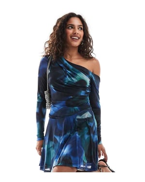 Forever New Petite fallen shoulder drape mini dress in cobalt rose floral
