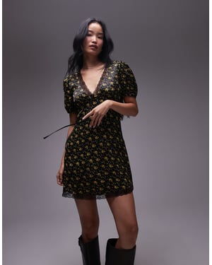 Topshop mini tea dress with lace edge in yellow ditsy
