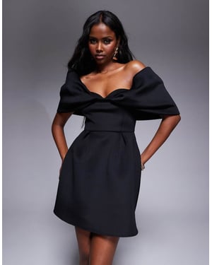 ASOS DESIGN bardot mini dress with full skirt in black in scuba-style fabric