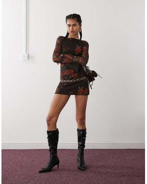 Motel Sevila long sleeve watercolour rose mini dress in black