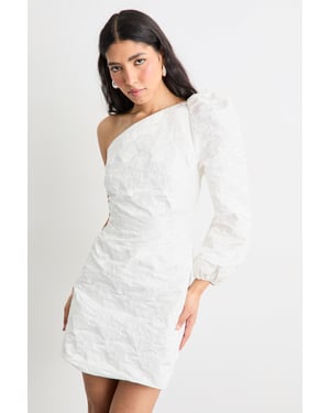 Hen Jacquard Puff Sleeve One Shoulder Mini Dress