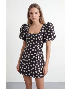 Petite Polka Dot Puff Sleeve A-Line Mini Dress