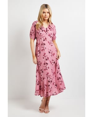 Pink Floral Frill Neck Puff Sleeve Maxi Dress