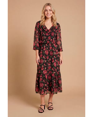 Petite Floral Pleat Bodice Ruffle Neck Blouson Sleeve Maxi Dress