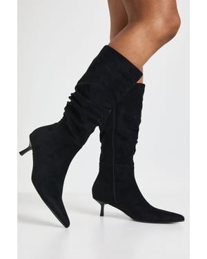 Faux Suede Ruched Knee High Boots