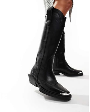 ASOS DESIGN Celeste flat western knee boots in black