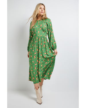 Petite Green Ditsy Blouson Sleeve Keyhole Detail Midi Dress