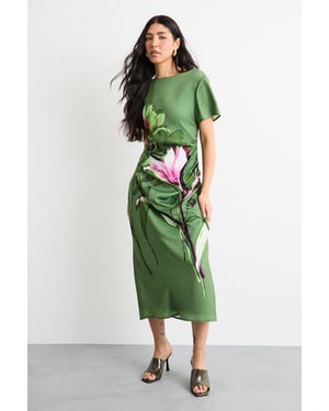 Floral Printed Drawstring Waist Short Sleeve Midi Dress