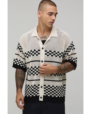 Relaxed Boxy Checkerboard Open Stitch Short Sleeve Shirt