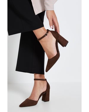 Blanche Faux Suede Ankle Strap Pointed High Block Heel Court Shoes