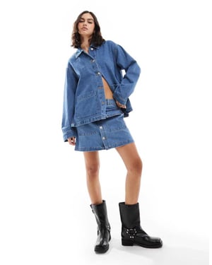 Pieces utility denim mini skirt co-ord in medium blue