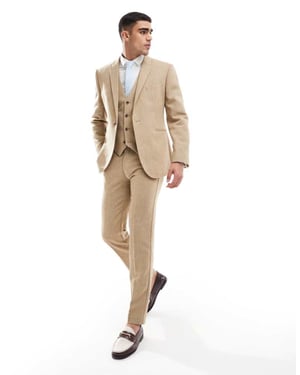 ASOS DESIGN wedding slim wool mix suit trouser in beige basketweave texture