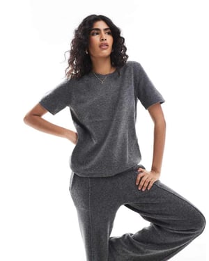 Pieces mix & match cozy knitted t-shirt co-ord in dark grey melange