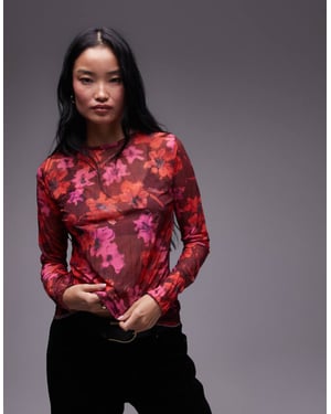 Topshop floral print crinkle mesh long sleeve top in burgundy
