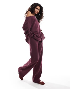 ASOS DESIGN oversized off shoulder waffle top in burgundy co-ord