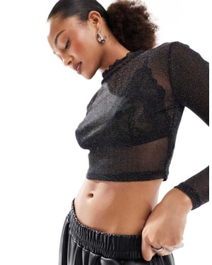 JJXX long sleeve mesh top in black glitter