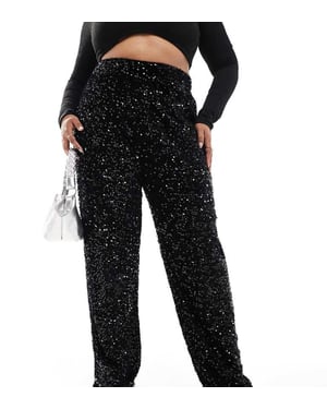 Pieces Curve wide leg velour sequin trousers in black