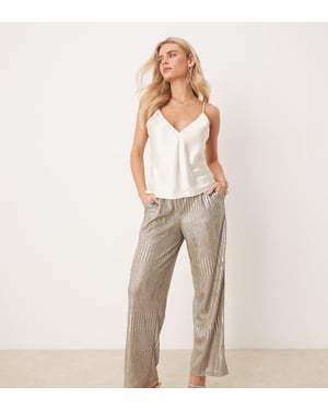 JDY Petite ribbed wide leg trousers in silver