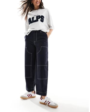 ASOS DESIGN barrel leg trouser in navy with contrast stitch