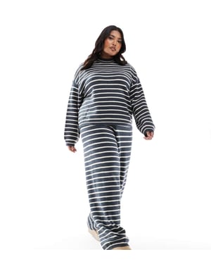 Pieces Curve knitted wide leg jogger co-ord in grey blue stripe