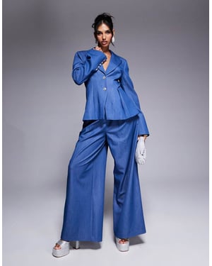 ASOS LUXE co-ord chambray wide leg tailored trouser in blue